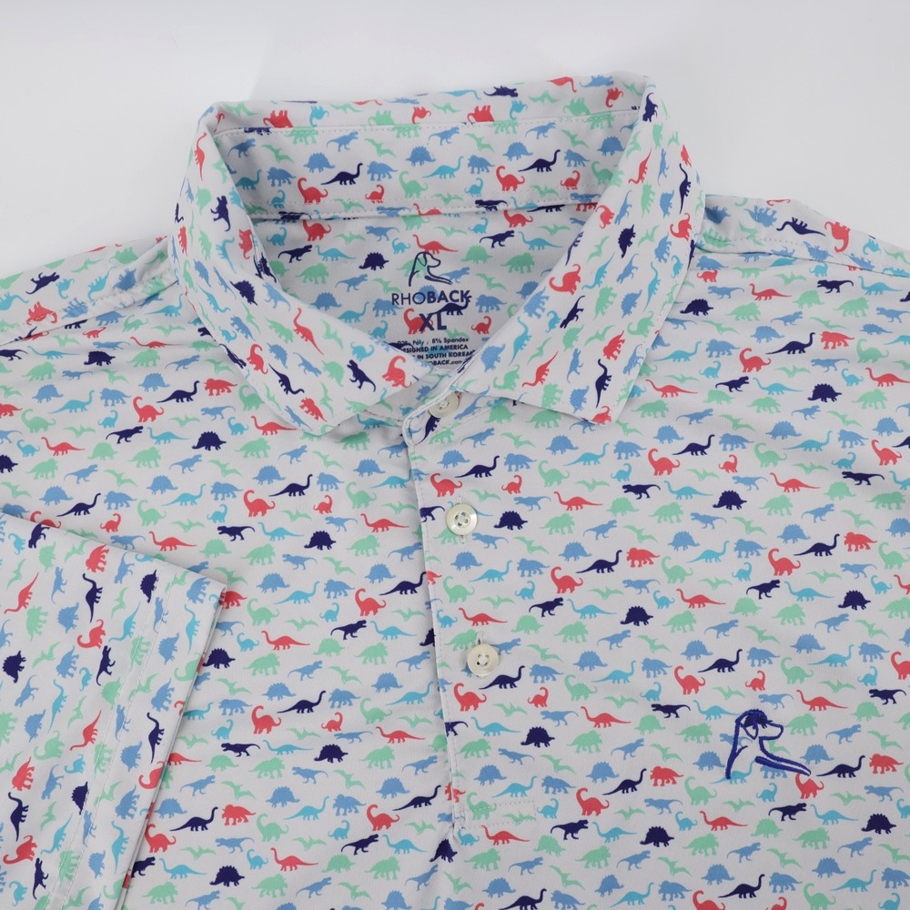 Rhoback Dinosaur Print Performance Polo White Short Sleeve Mens XL FLAWS
